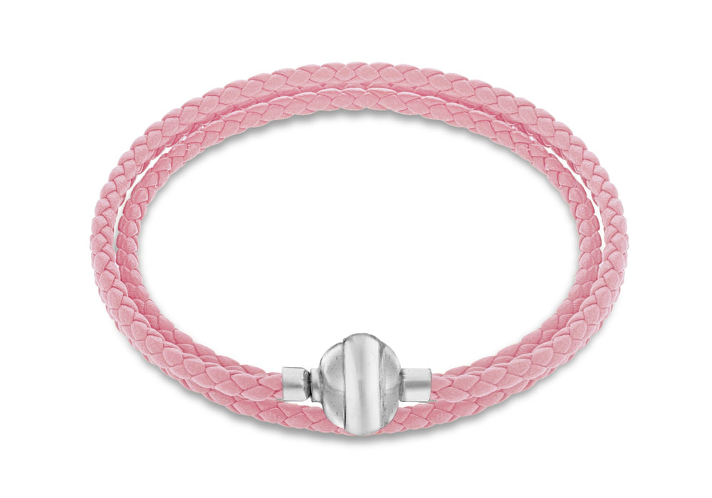 Sterling Silver Pink Plaited Leather Wrap Bracelet 61m/24"9