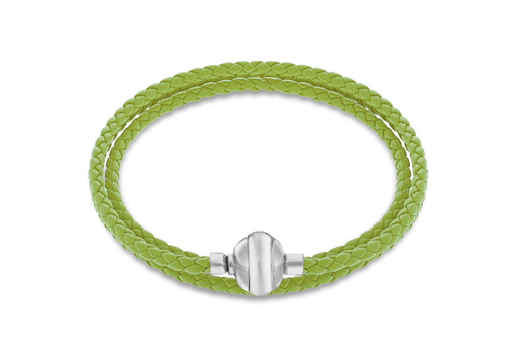 Sterling Silver Green Plaited Leather Wrap Bracelet 