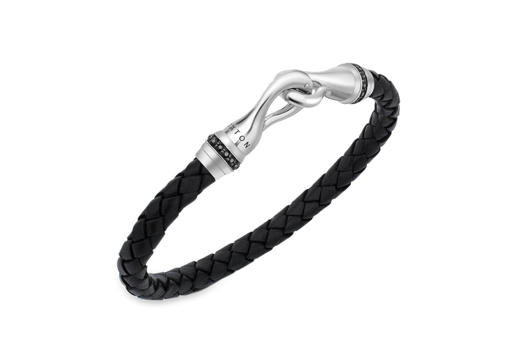 Hoxton London Men's Sterling Silver Black Sapphire Set Silver and Leather Hook Bracelet