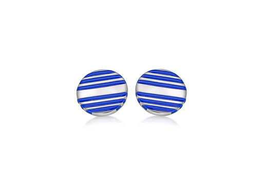 Hoxton London Men's Sterling Silver Blue Enamel Stripe Round Cufflinks