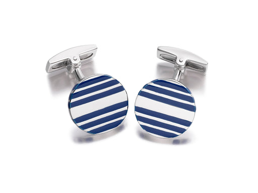 Hoxton London Men's Sterling Silver Blue Enamel Stripe Round Cufflinks