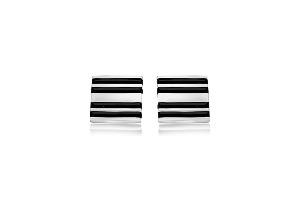 Hoxton London Men's Sterling Silver Black Enamel Stripe Square Cufflinks