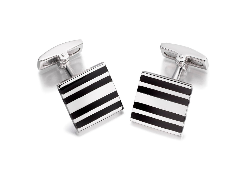 Hoxton London Men's Sterling Silver Black Enamel Stripe Square Cufflinks