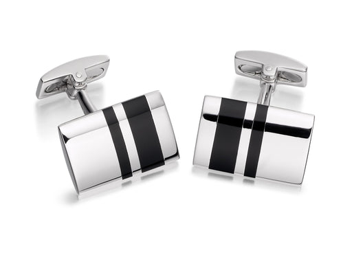 Hoxton London Men's Sterling Silver and Onyx Stripe Retangle Cufflinks