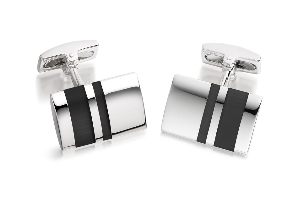 Hoxton London Men's Sterling Silver and Grey Cats Eye Stripe Retangle Cufflinks