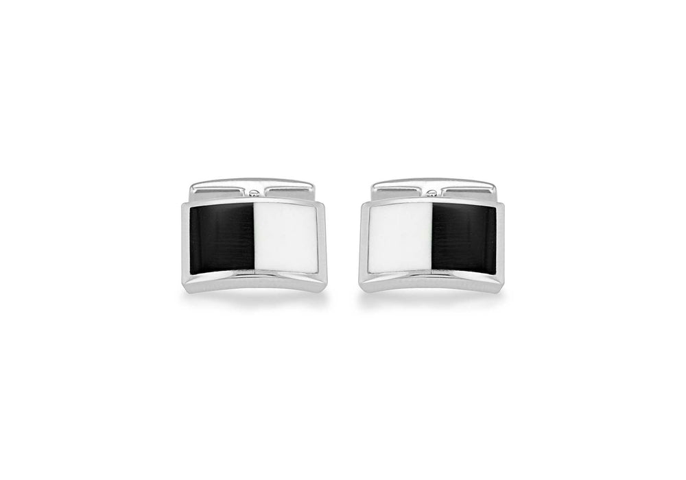 Hoxton London Men's Sterling Silver and Black and White Agate Retangle Cufflinks