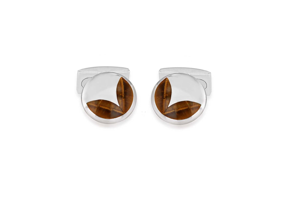 Hoxton London Men's Sterling Silver and Tigers Eye Round Cufflinks