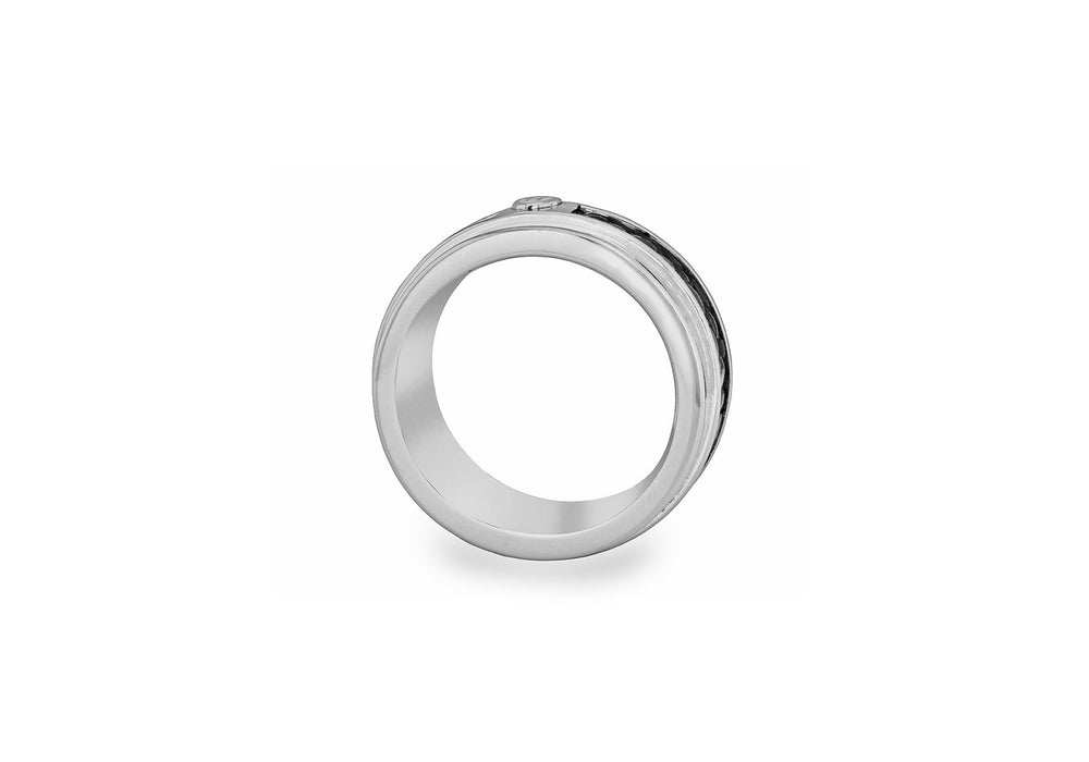 Hoxton London Men's Sterling Silver Black Leather Spinning Ring