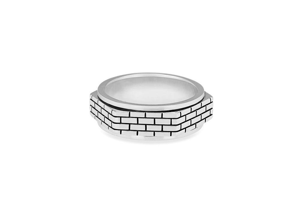 Hoxton London Men's Sterling Silver Brick Patterned Hexagonal Spinning Ring