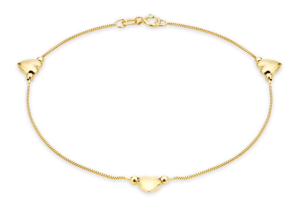 9ct Yellow Gold 3 Heart Charm Box Chain Bracelet 18m/7"9