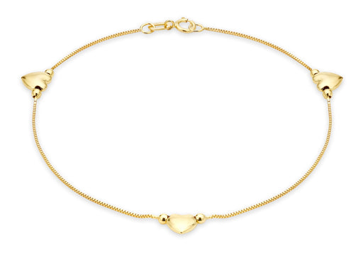 9ct Yellow Gold 3 Heart Charm Box Chain Bracelet 18m/7"9