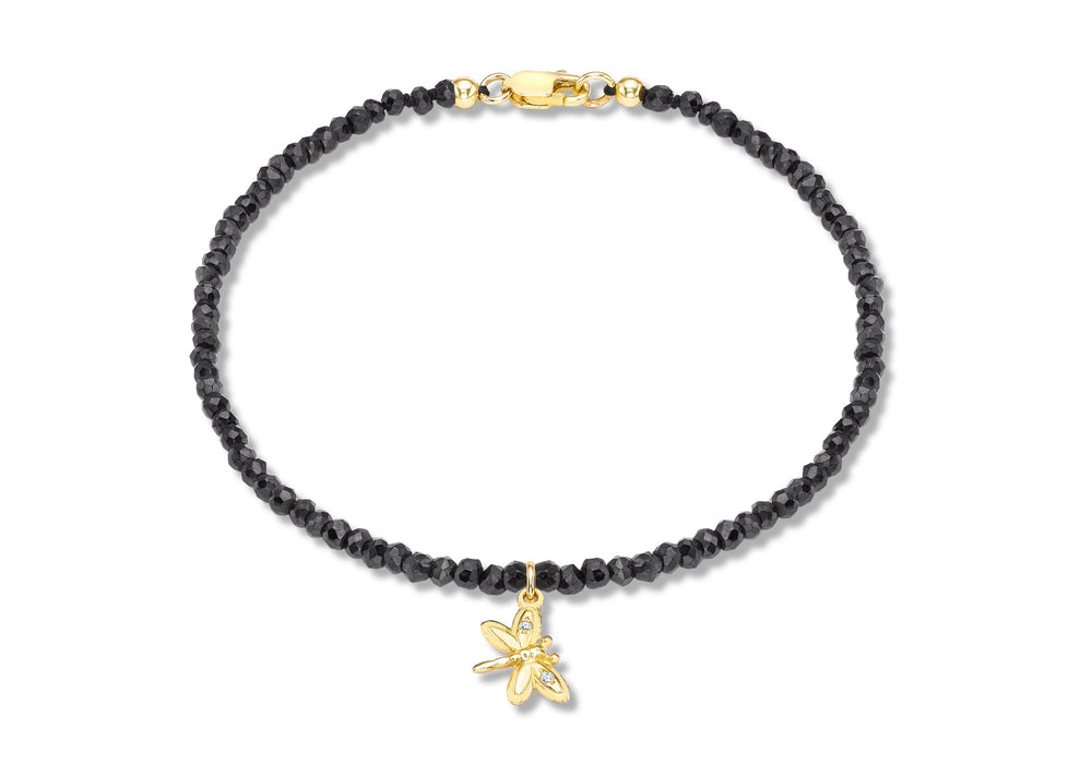 9ct Yellow Gold 0.01ct Diamond Set Butterfly Charm Black Spinel Bracelet 