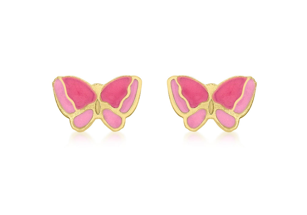 9ct Yellow Gold Pink Enamel Butterfly Stud Earrings