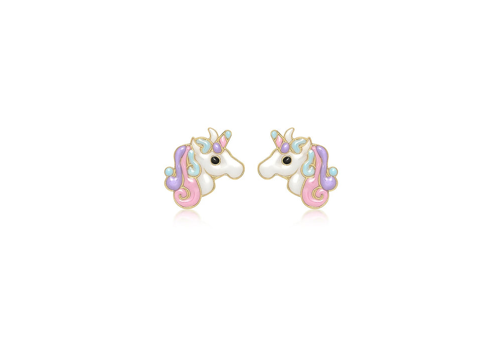 9ct Yellow Gold Enamel Unicorn Stud Earrings