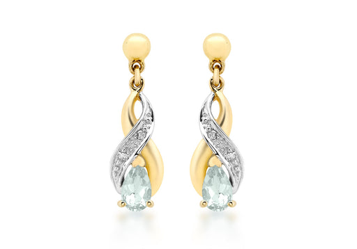 9ct Yellow Gold 0.02t Diamond and Aquamarine Crossover Drop Earrings