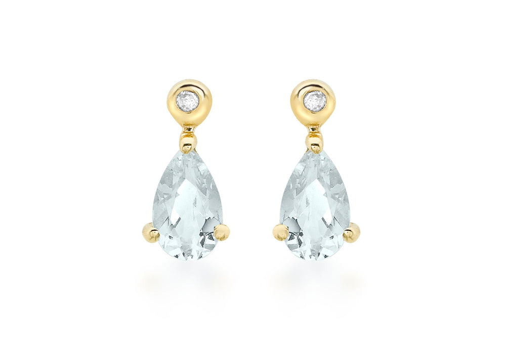 9ct Yellow Gold 0.01t Diamond and Aquamarine Pear Drop Earrings