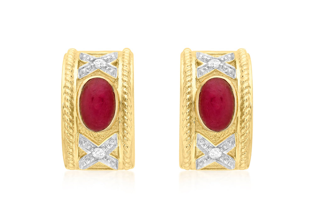 9ct Yellow Gold 0.07t Diamond and Ruby Half-Band Earrings