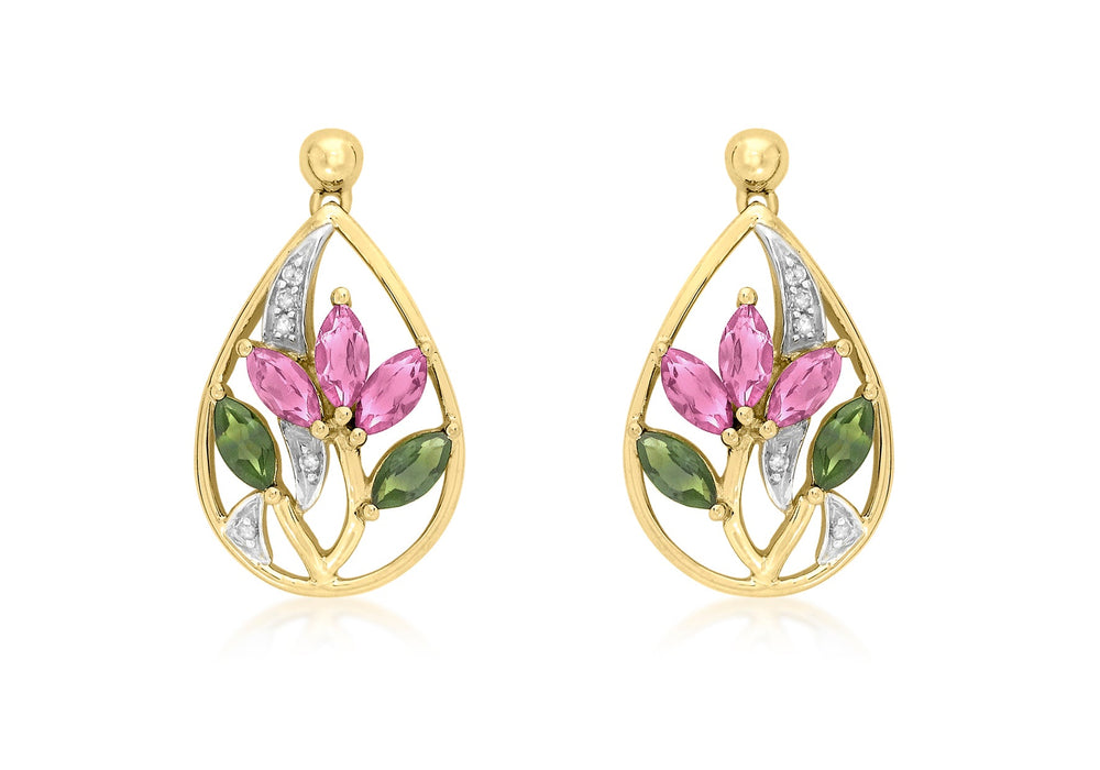 9ct Yellow Gold 0.05t Diamond with Pink and Green Tourmaline Lotus Teardrop Earrings