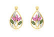 9ct Yellow Gold 0.05t Diamond with Pink and Green Tourmaline Lotus Teardrop Earrings