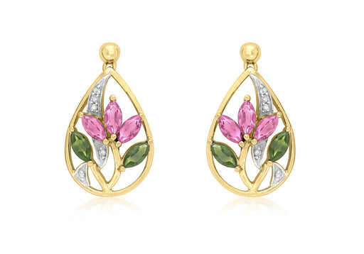 9ct Yellow Gold 0.05t Diamond with Pink and Green Tourmaline Lotus Teardrop Earrings