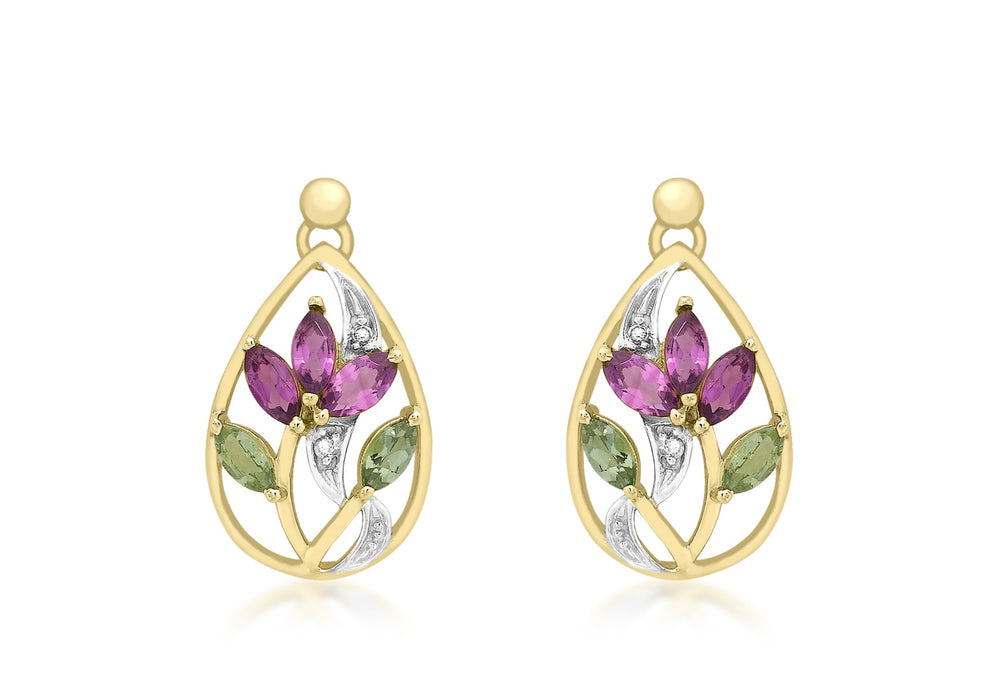 9ct Yellow Gold 0.02t Diamond and Tourmaline Lotus Drop Earrings