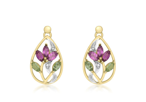 9ct Yellow Gold 0.02t Diamond and Tourmaline Lotus Drop Earrings