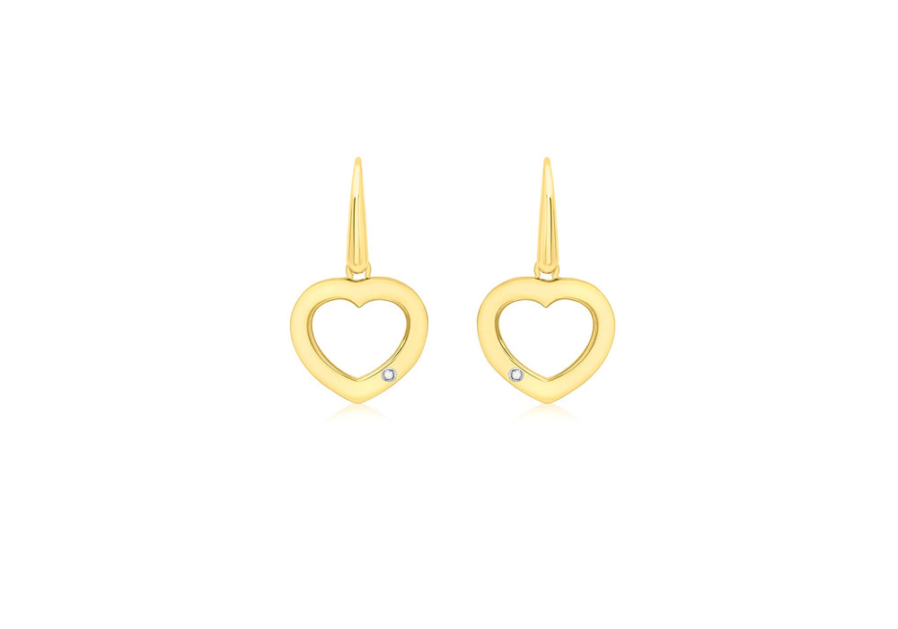 9ct Yellow Gold 0.02t Diamond Heart Drop Earrings