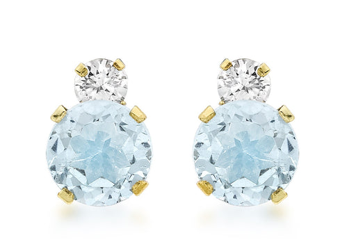 Round Blue Topaz and CZ Stud Earrings 9ct Yellow Gold 