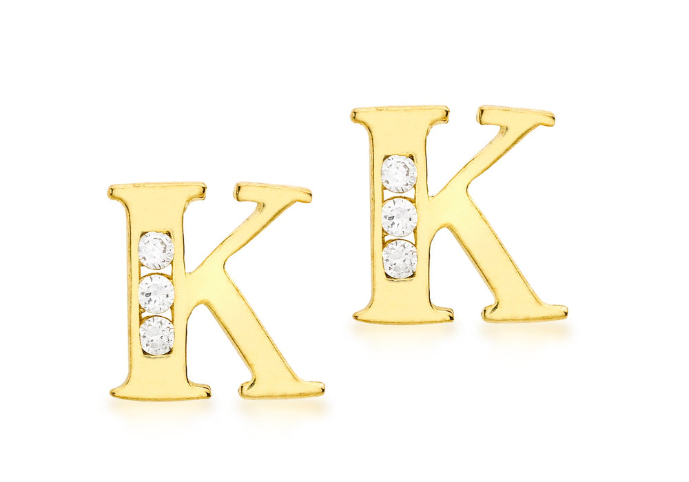 9ct Yellow Gold Zirconia  7mm x 7mm 'K' Initial Stud Earrings