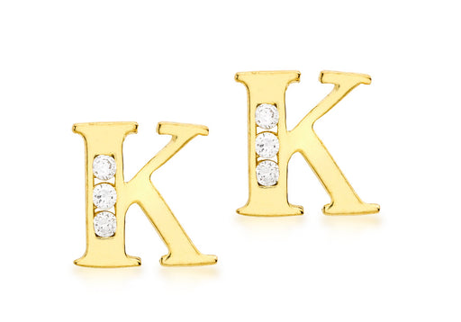 9ct Yellow Gold Zirconia  7mm x 7mm 'K' Initial Stud Earrings