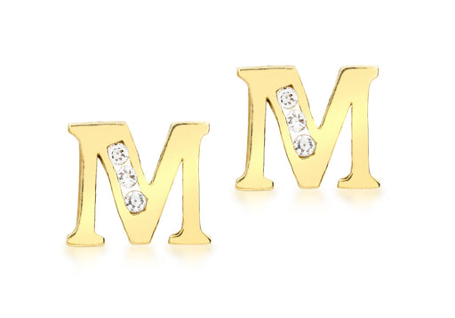 9ct Yellow Gold Zirconia  8mm x 7mm 'M' Initial Stud Earrings