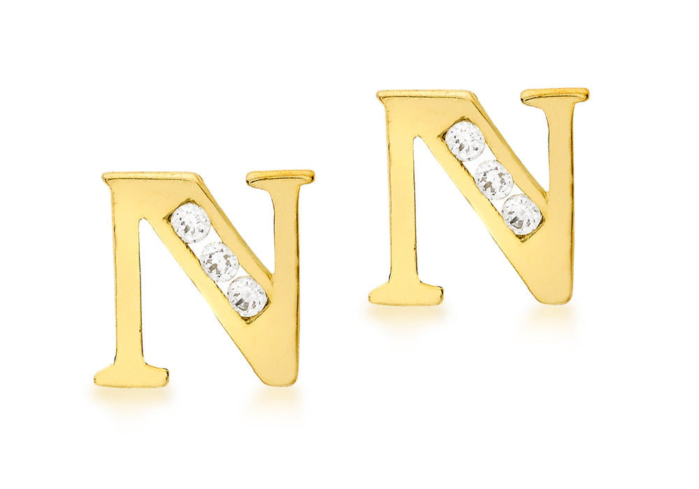 9ct Yellow Gold Zirconia  Set 'N' Initial Stud Earrings