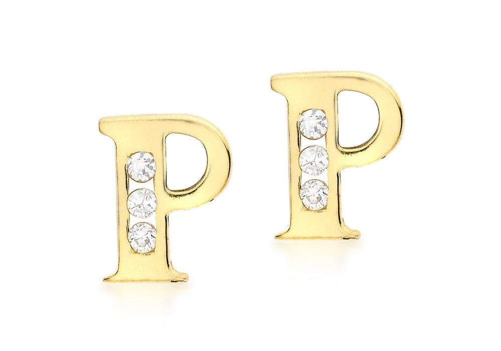 9ct Yellow Gold Zirconia  Set 'P' Initial Stud Earrings