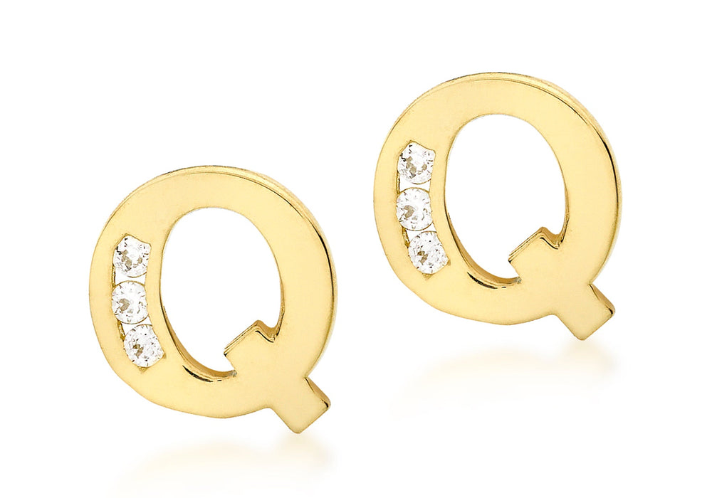 9ct Yellow Gold Zirconia  7mm x 7mm 'Q' Initial Stud Earrings