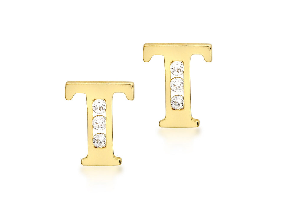 9ct Yellow Gold Zirconia  5mm x 7mm 'T' Initial Stud Earrings