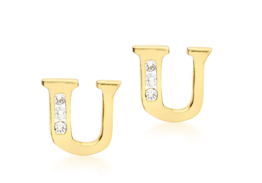 9ct Yellow Gold Zirconia  7mm x 7mm 'U' Initial Stud Earrings