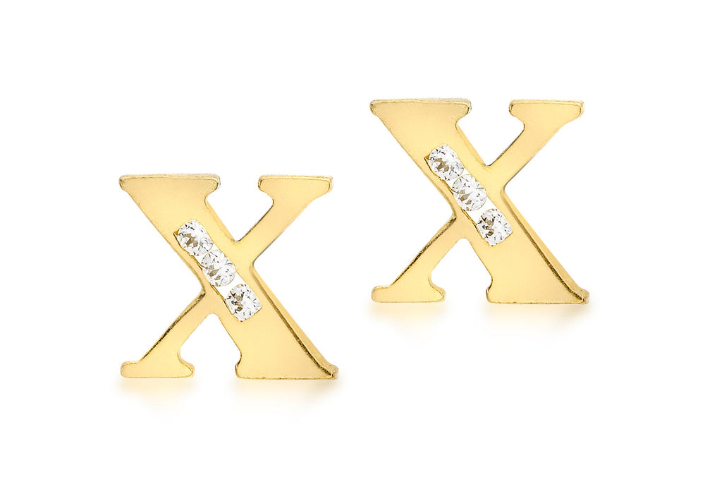 9ct Yellow Gold Zirconia  7mm x 7mm 'X' Initial Stud Earrings