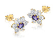 9ct Yellow Gold Purple and White Zirconia  10mm x 10mm Flower Cluster Stud Earrings