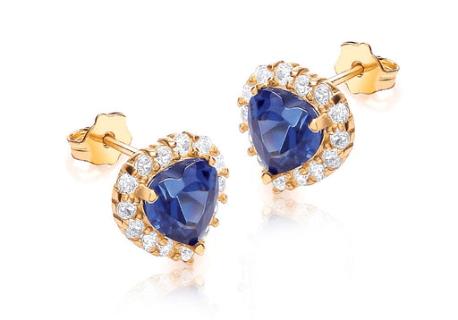 9ct Yellow Gold Blue and White Zirconia  9mm x 9mm Heart Cluster Stud Earrings