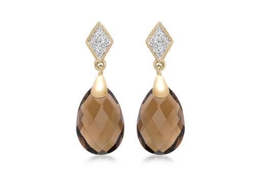 9ct Yellow Gold 0.04t Diamond and Smokey Quartz Teardrop Earrings