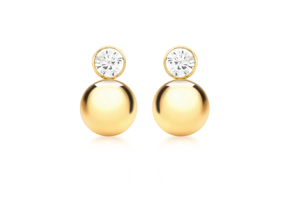 9ct Yellow Gold 5mm Zirconia  and 9mm Ball Drop Earrings