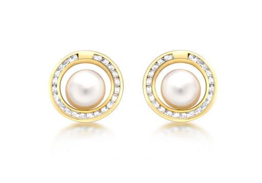 9ct Yellow Gold Zirconia  and Pearl 12mm Stud Earrings