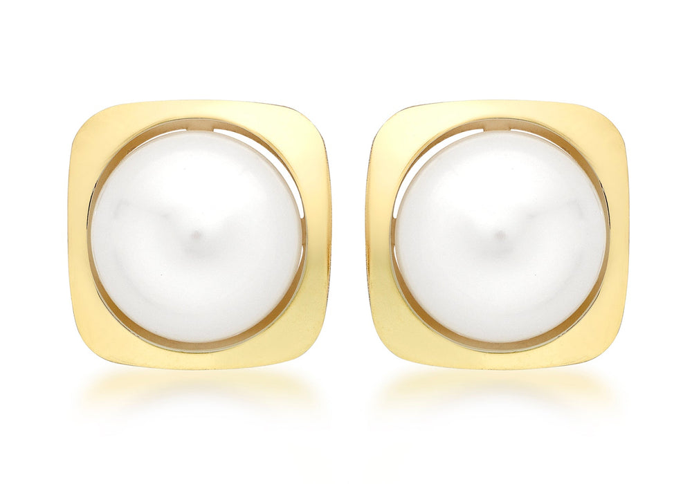 9ct Yellow Gold and Pearl Square Stud Earrings