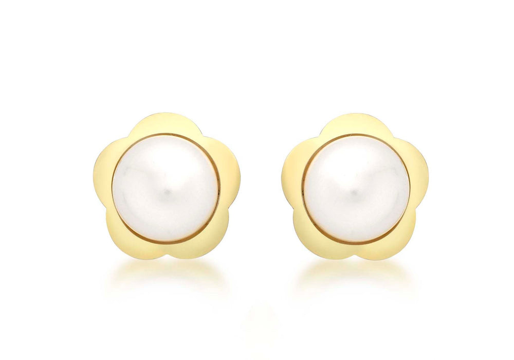 9ct Yellow Gold 11mm Flower and Pearl Stud Earrings