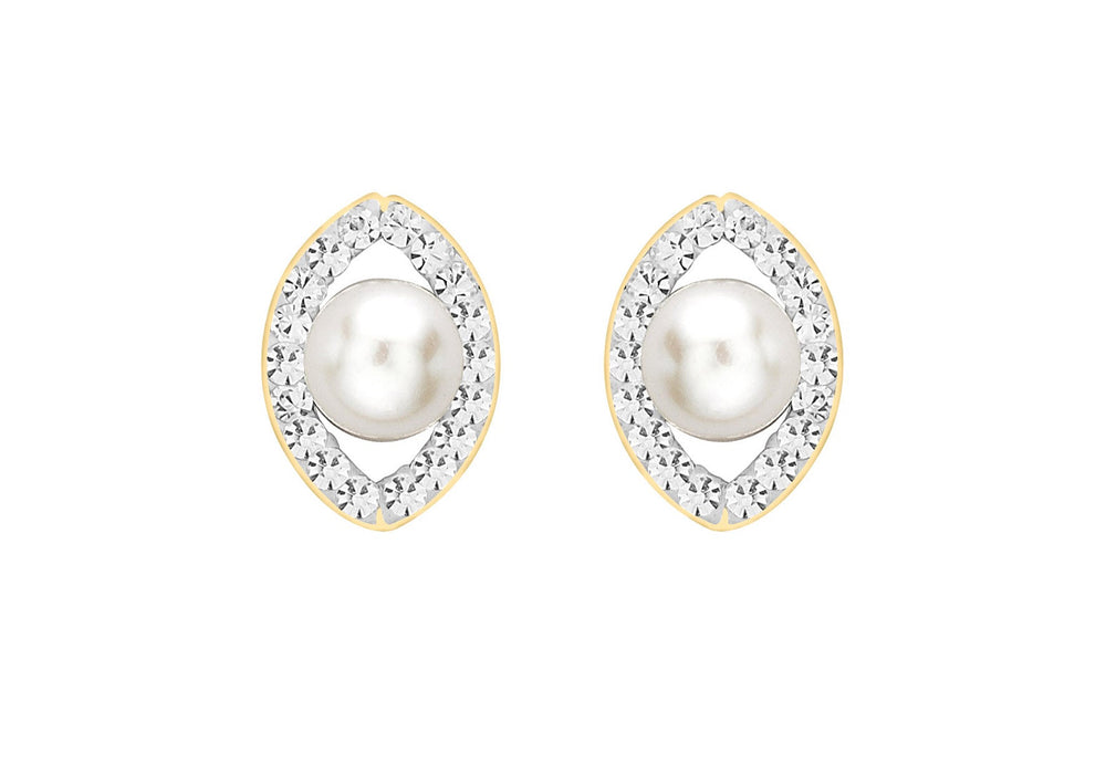 9ct Yellow Gold Fresh Water Pearl and Crystal Elliptic Stud Earrings