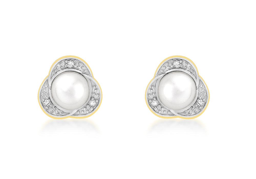 9ct Yellow Gold 0.06t Diamond and Pearl Stud Earrings