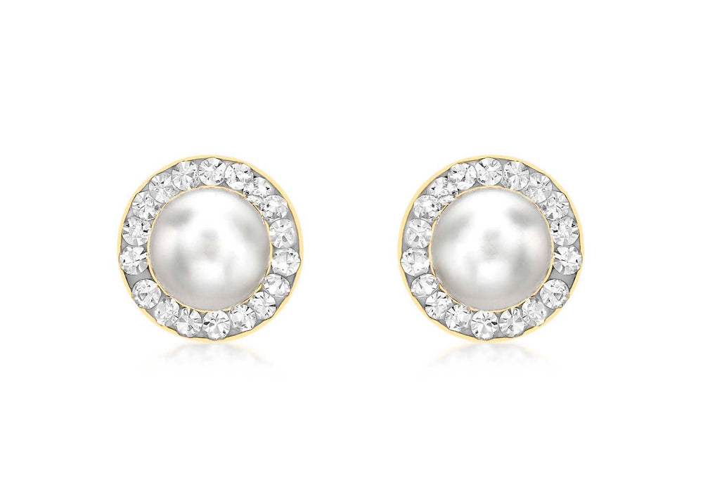 9ct Yellow Gold 8mm Pave Set Zirconia  and Pearl Stud Earrings