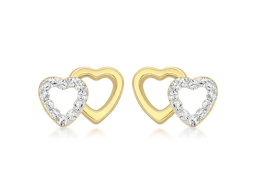 9ct Yellow Gold Pave Set Zirconia  Double Open-Heart Stud Earrings