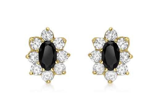 9ct Yellow Gold Oval Black Sapphire and Zirconia Stud Earrings