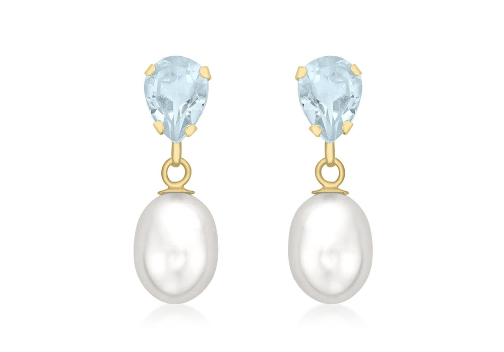 9ct Yellow Gold Blue Topaz and Pearl Teardrop Earrings